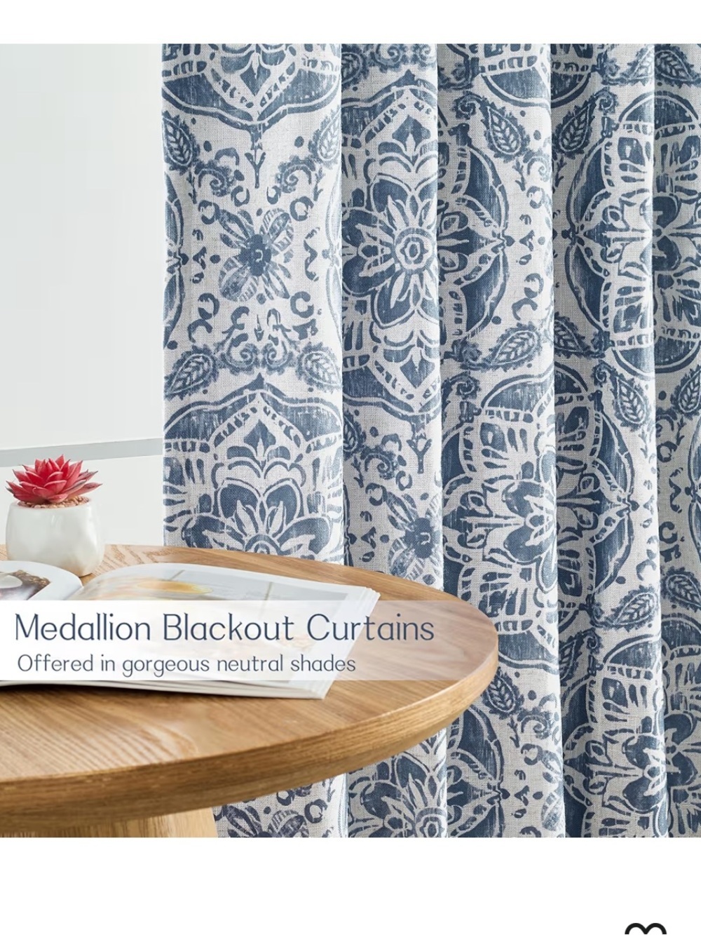 Blue Medallion Linen Curtains -069 - Picture 3 of 6